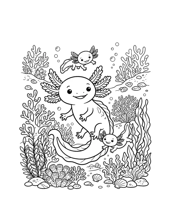 Axolotl Family in the Coral Reef coloring page