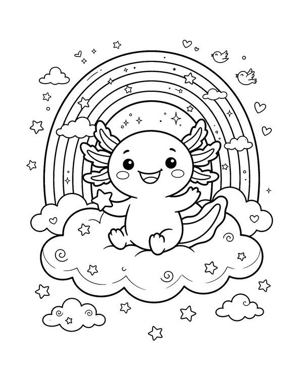 Axolotl on a Rainbow Cloud coloring page