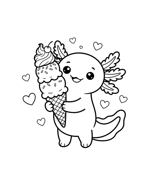 Axolotl with an Ice Cream Cone coloring page