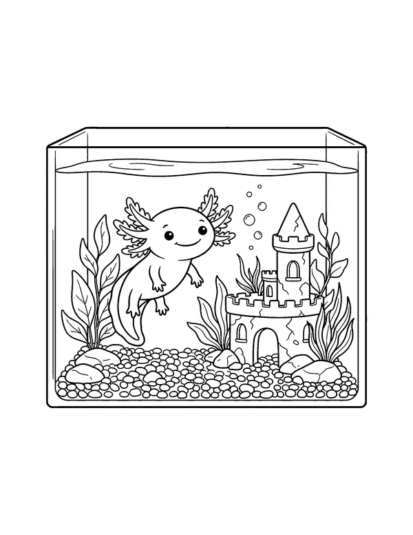 Axolotl in an Aquarium with a Castle coloring page