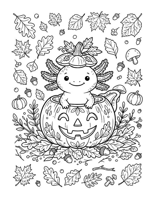 Axolotl in a Jack-o'-Lantern coloring page
