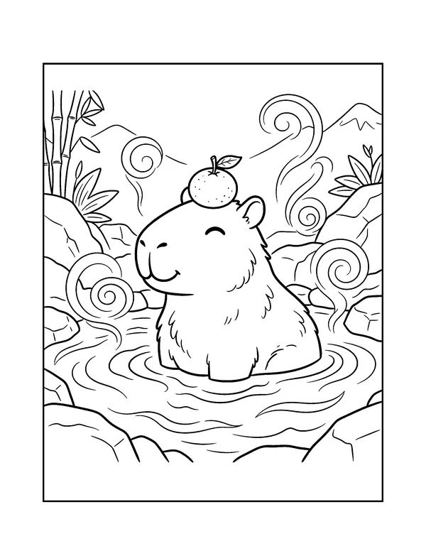 Capybara with an Orange in a Hot Spring coloring page