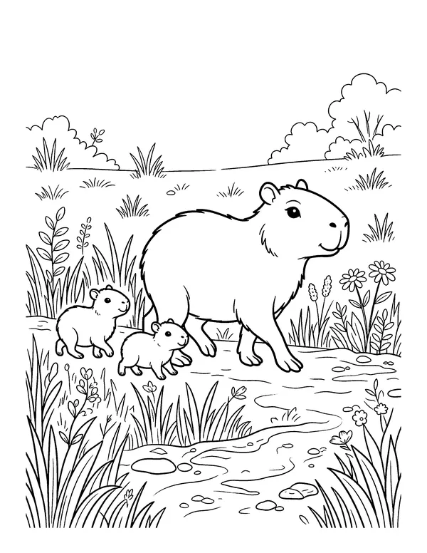 Mother Capybara and Babies coloring page