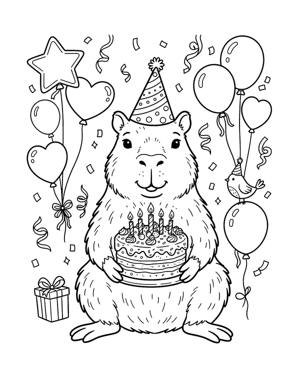 Capybara Birthday Party coloring page