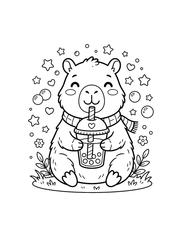 Kawaii Capybara with Boba Tea coloring page