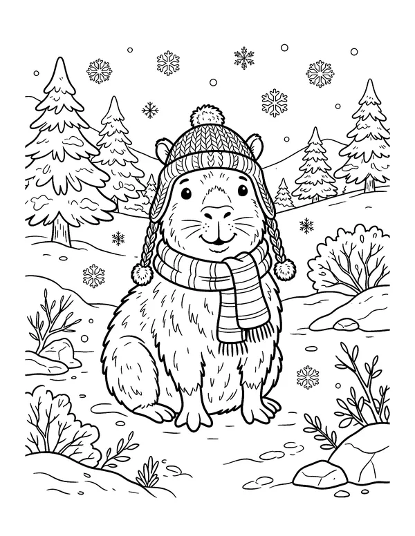 Capybara in a Winter Hat and Scarf coloring page