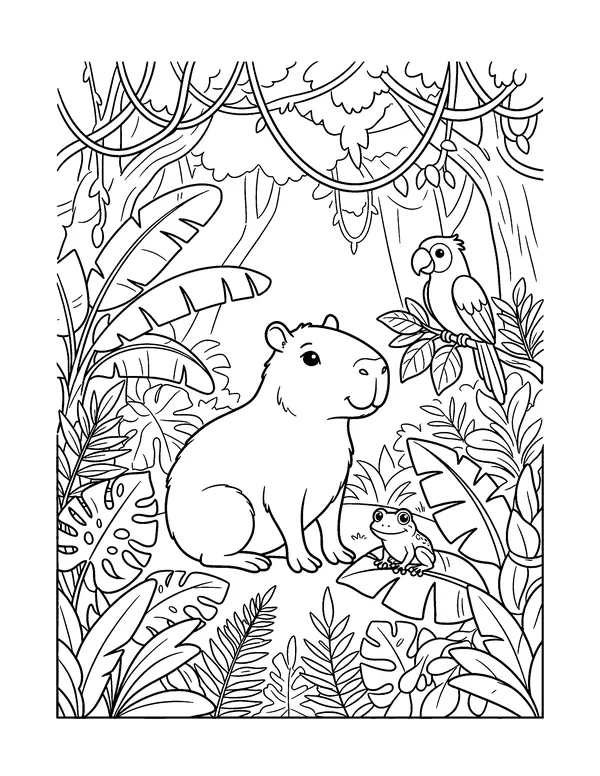 Capybara in the Rainforest coloring page