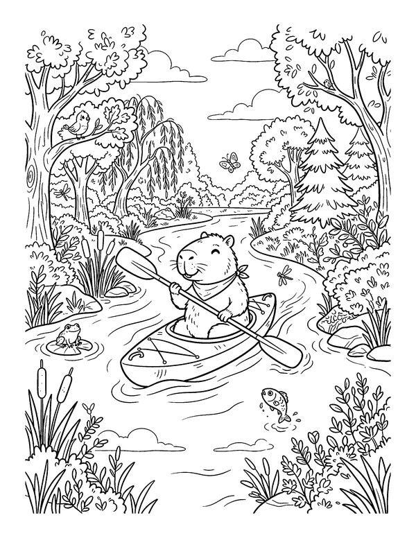 Capybara Paddling a Kayak coloring page