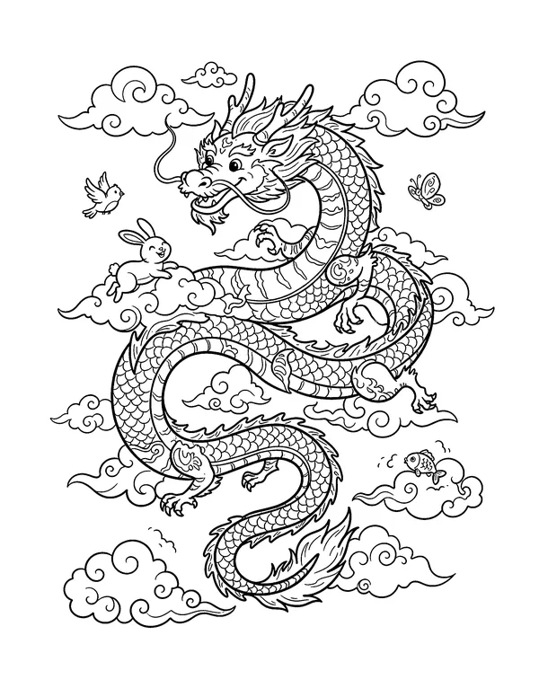 Chinese Dragon in the Clouds coloring page