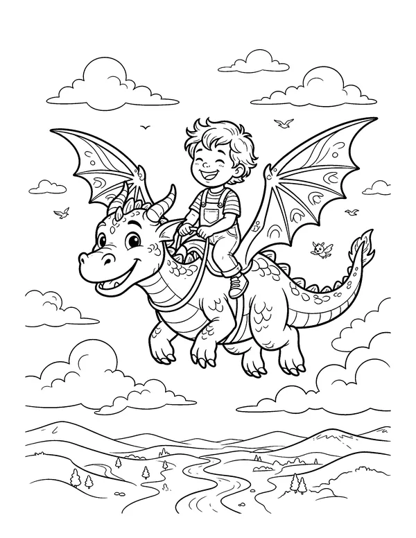 Riding a Dragon Above the Clouds coloring page