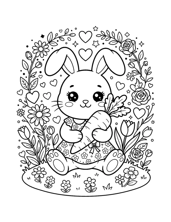 Kawaii Bunny with a Carrot coloring page