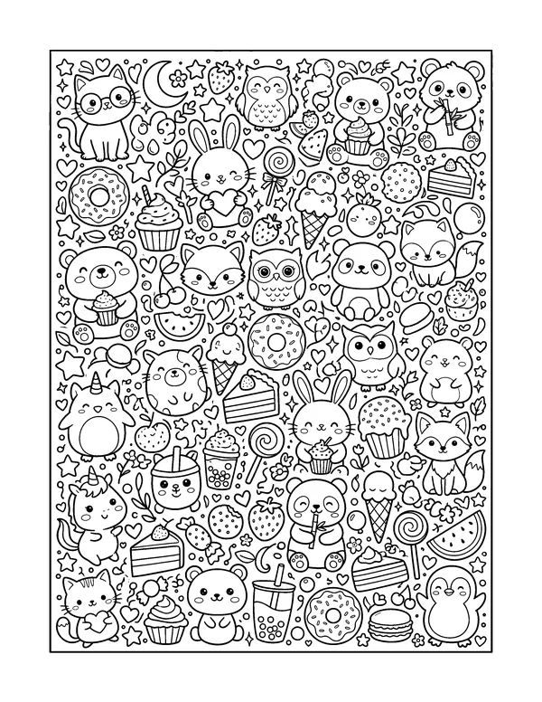 Kawaii Doodle Pattern for Teens and Adults coloring page