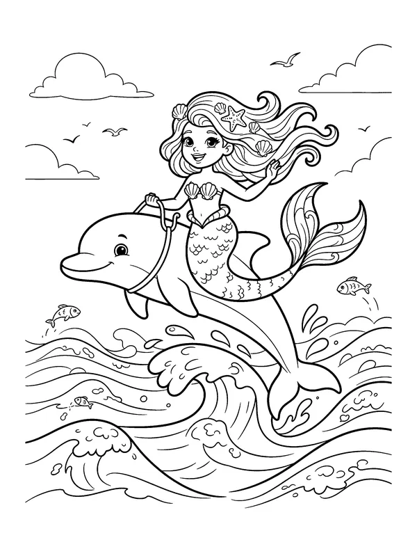 Mermaid Riding a Dolphin coloring page