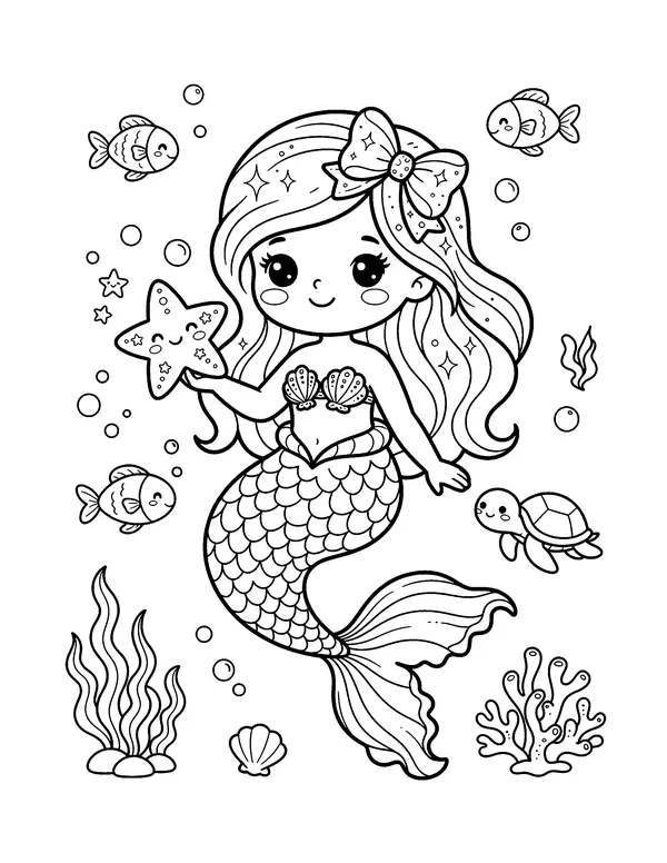 Kawaii Mermaid with a Starfish coloring page