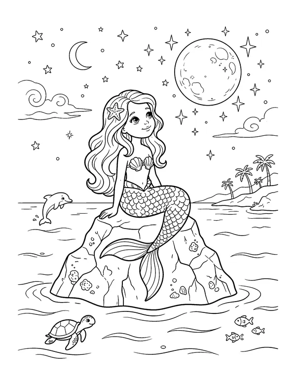 Mermaid Under the Moon coloring page