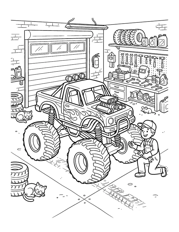 Monster Truck in the Garage coloring page