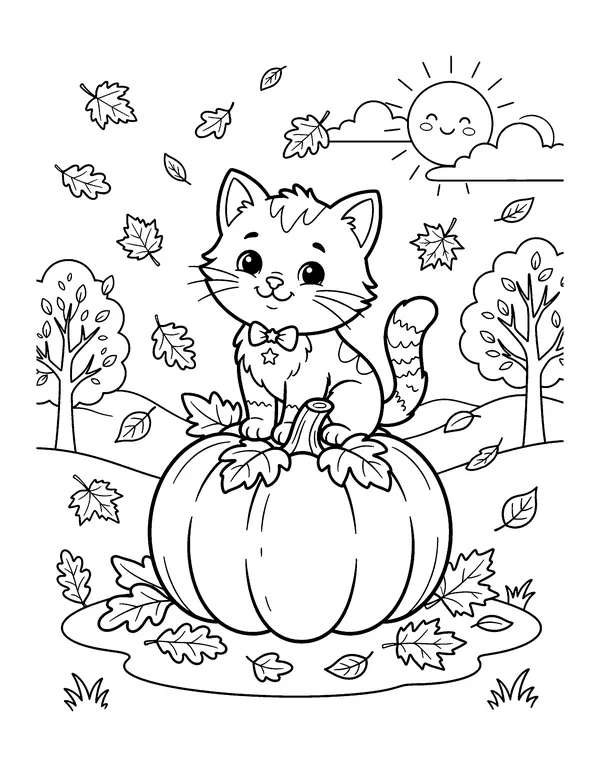 Kitten on a Pumpkin coloring page
