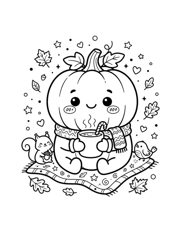 Kawaii Pumpkin with Hot Cocoa coloring page
