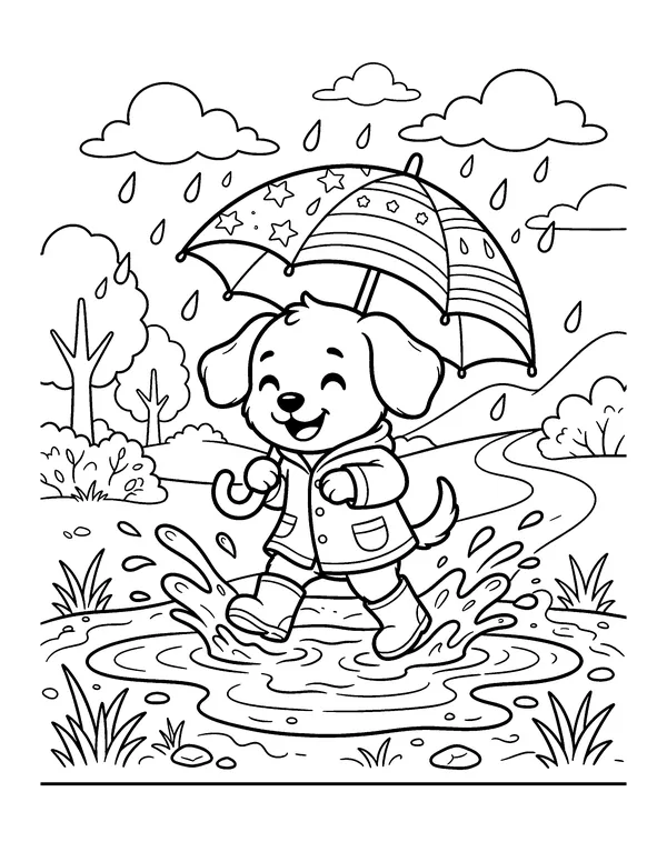 Puppy Splashing in a Puddle coloring page