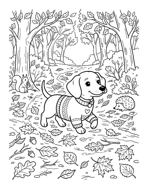 Dachshund in a Sweater on an Autumn Walk coloring page