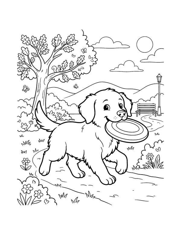 Golden Retriever Puppy with a Frisbee coloring page