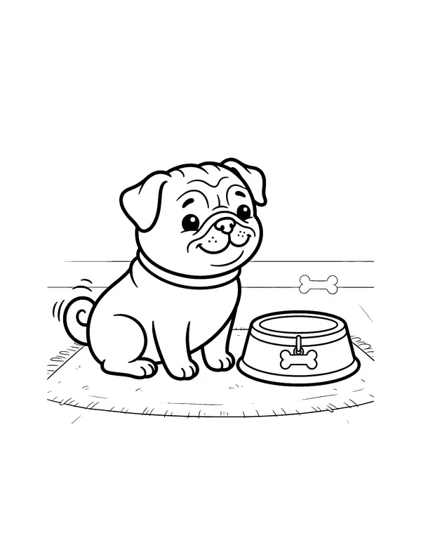 Pug Puppy and Food Bowl coloring page