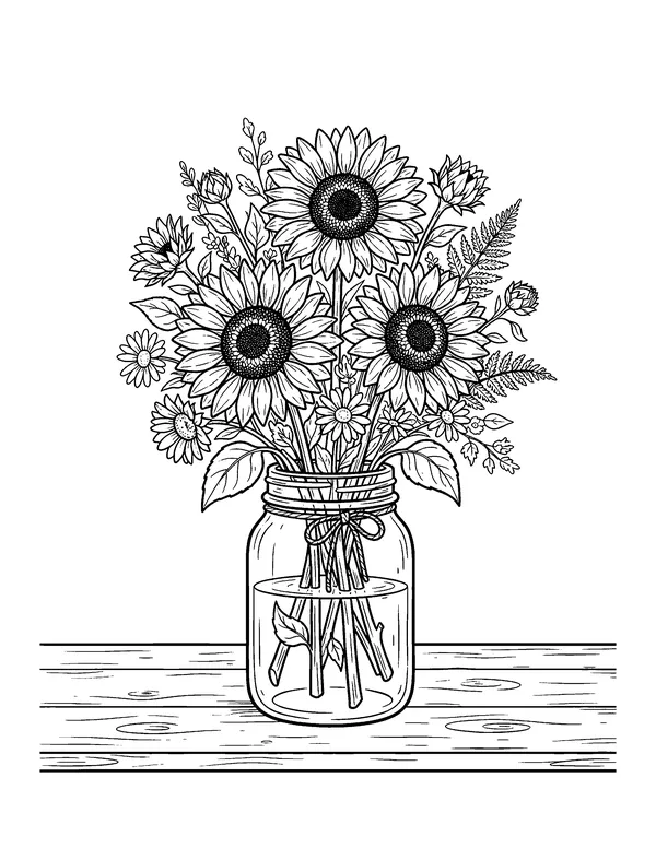 Sunflower Bouquet in a Mason Jar coloring page