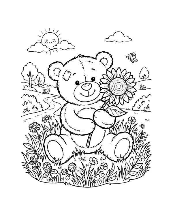 Teddy Bear with a Sunflower coloring page
