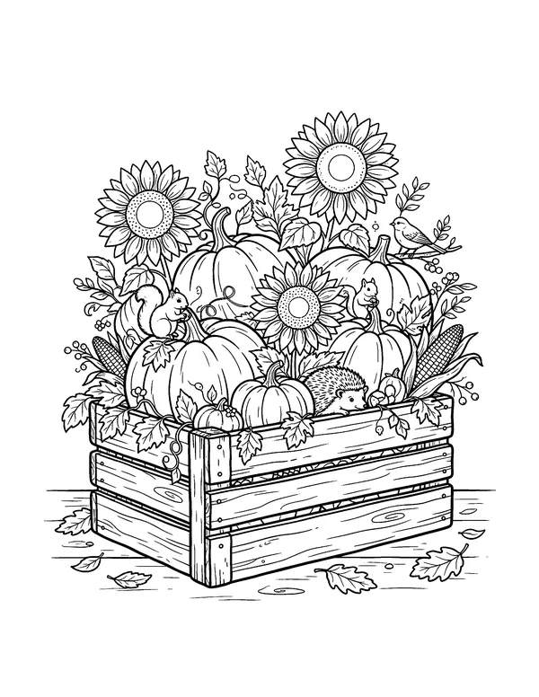 Sunflowers and Pumpkins Harvest Crate coloring page