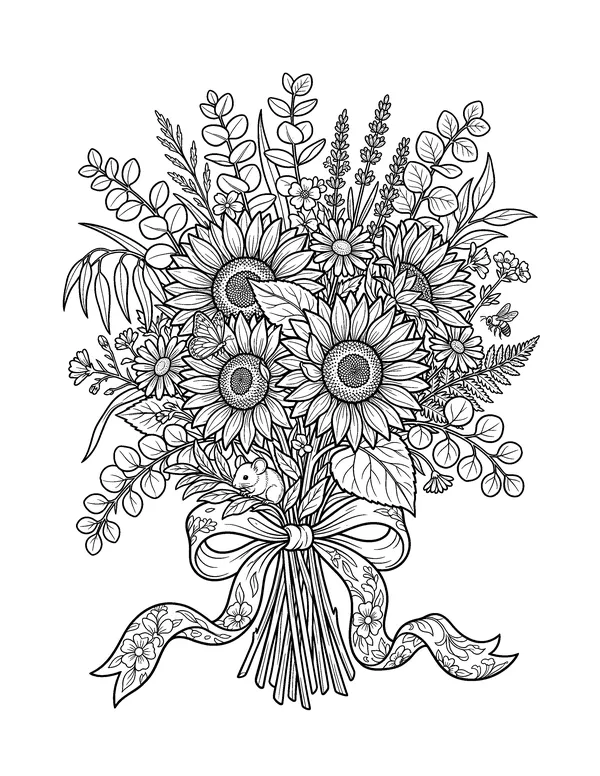 Botanical Sunflower Bouquet coloring page
